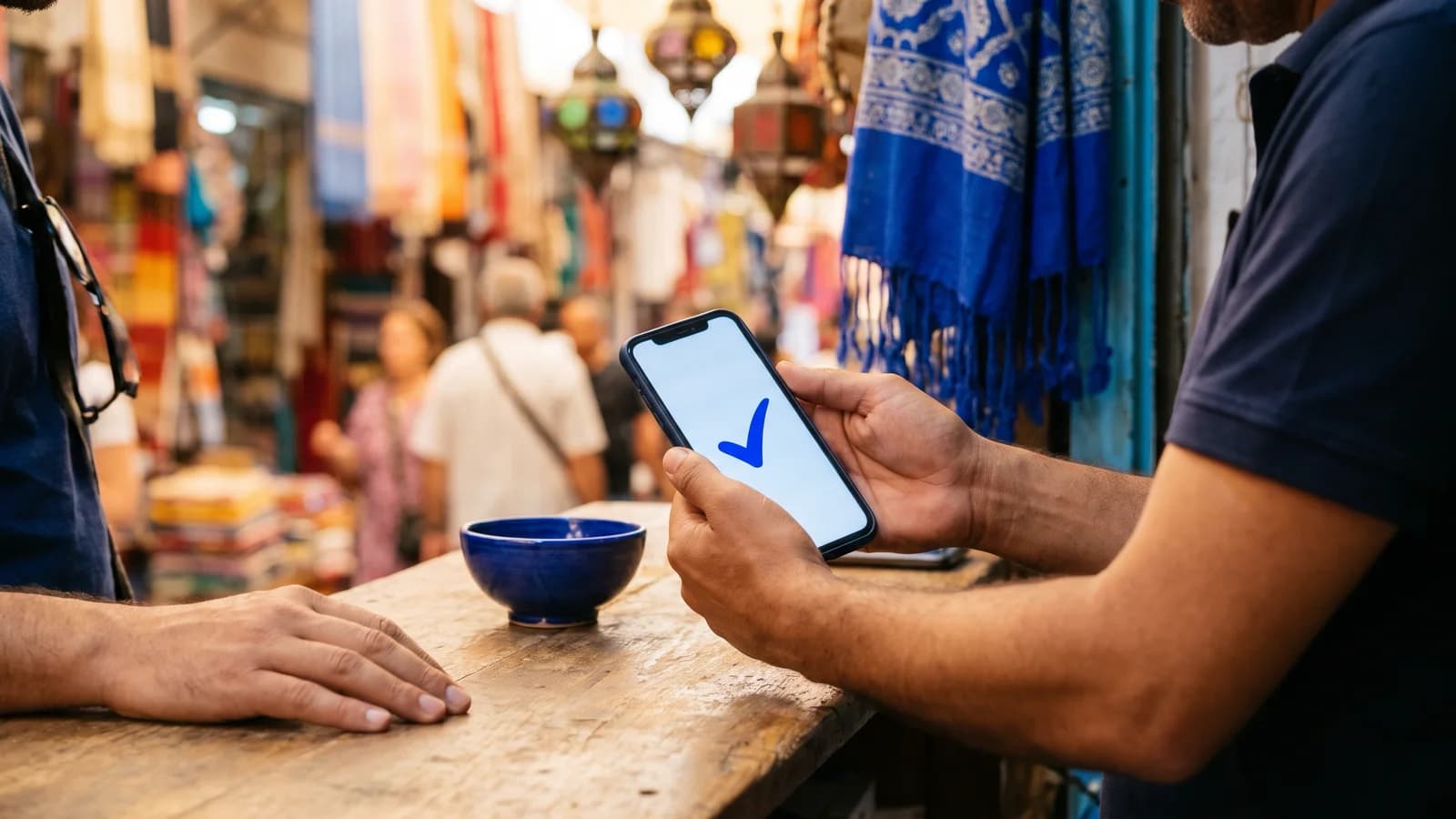 Les mains d'un commerçant tiennent un téléphone affichant une coche bleue, au comptoir d'une boutique de la médina.